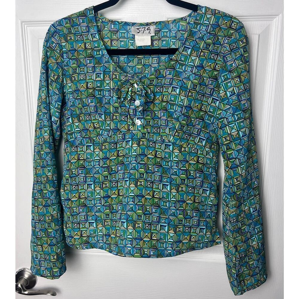 579 Long Sleeve Bell Sleeve Top 90s Geometric Pattern Blouse Shirt Size Small